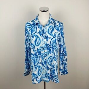 Rose & Olive Blue White Paisley Long Sleeve Collared Button Down Top Women
